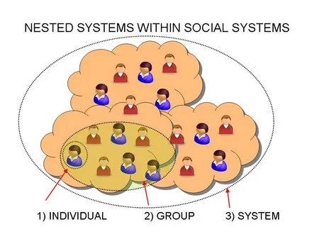 Nested systems within social systems: concentric groupings of people icons labelled individual, group and system.