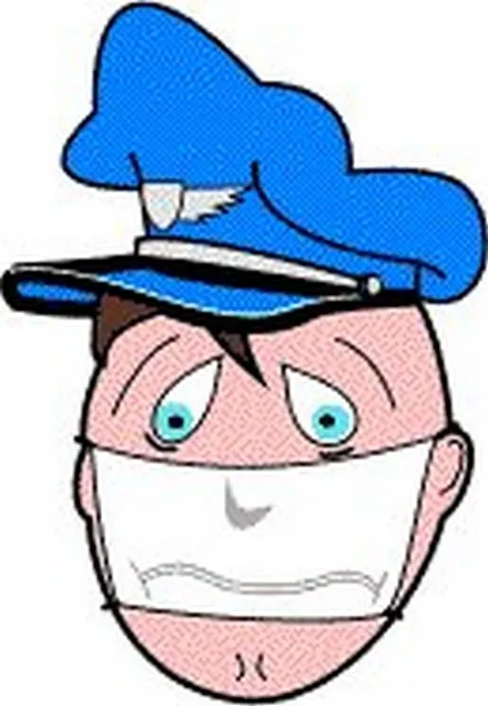 A cartoon of a glum-looking man wearing an outsized blue peaked cap.