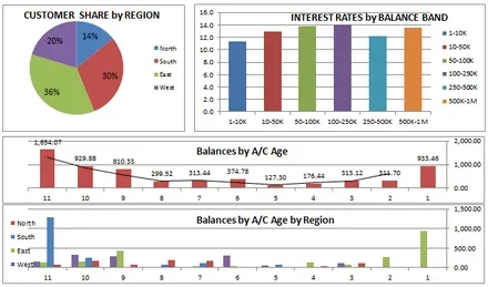 Four charts from the worked example: a pie chart of customer share by region, a bar chart of interest rates by balance band, and two bar charts of balances by account age.