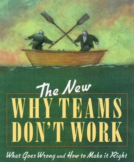 The cover of Why Teams Don’t Work, showing two men in a rowing boat pulling in opposite directions, subtitled “What Goes Wrong and How to Make it Right”.