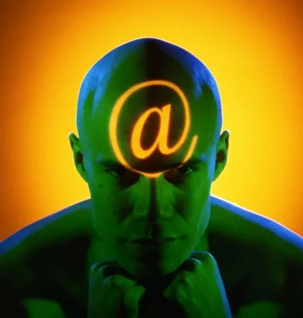 A stylised figure against a yellow background with an illuminated at-sign across the face.