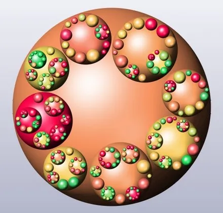 A large sphere packed with smaller spheres, each of those filled with smaller coloured spheres again.