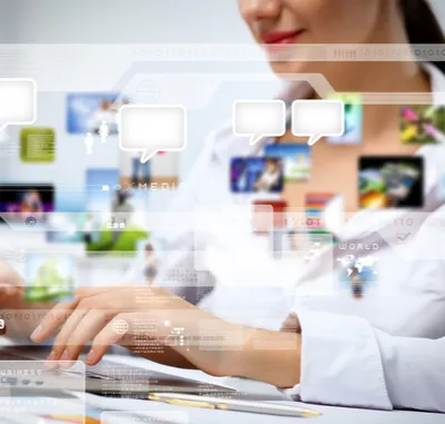 A person working at a screen, overlaid with floating chat and video call panels.